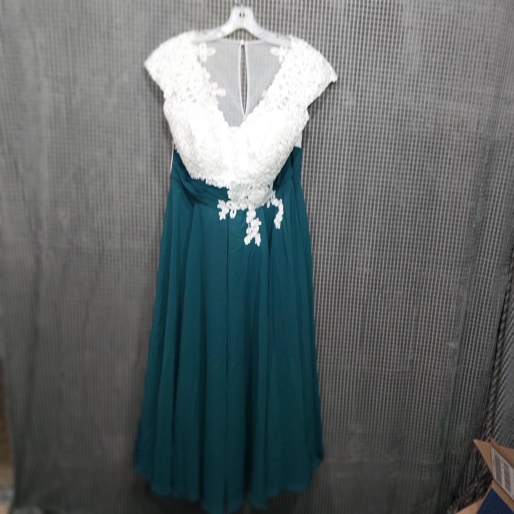 Liposa‎ Womens Formal Gown Lace Chiffon Cap Sleeve Teal White